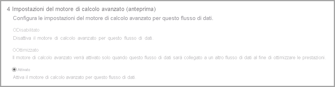 Screenshot delle impostazioni del motore di calcolo avanzato con l'opzione Attivato selezionata.