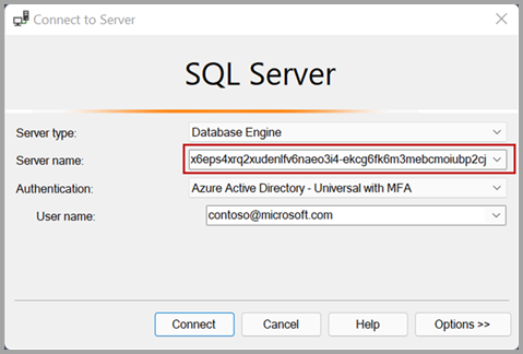 Screenshot della finestra connessione del server SQL al server.