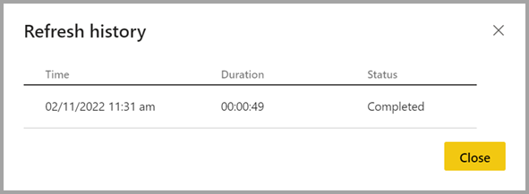 Screenshot della finestra della cronologia degli aggiornamenti del datamart.