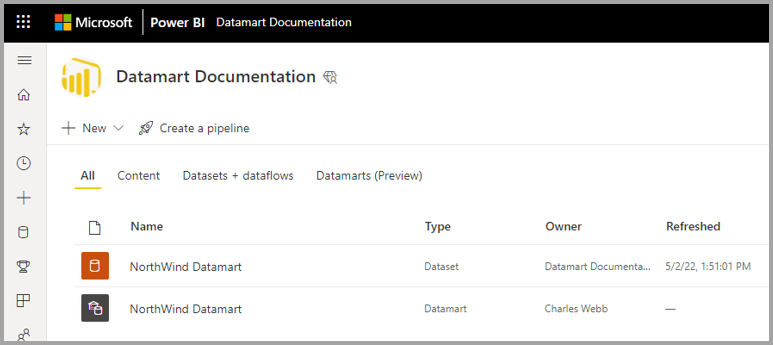 Screenshot della ricerca di un datamart esistente da tutti gli elementi.