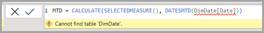 Screenshot dell'espressione DAX non corretta.