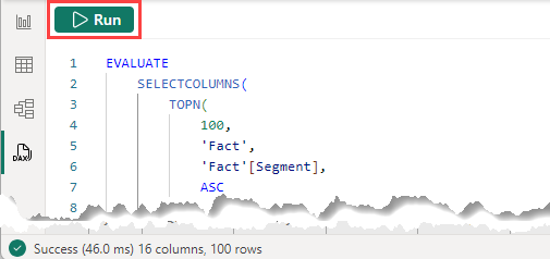 Screenshot della barra dei comandi della visualizzazione query DAX.