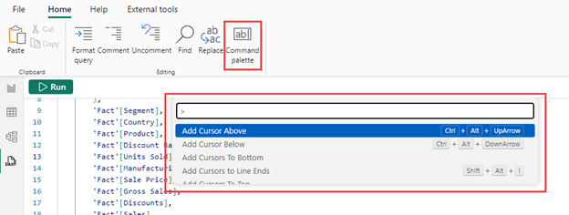 Screenshot del riquadro comandi della visualizzazione query DAX.