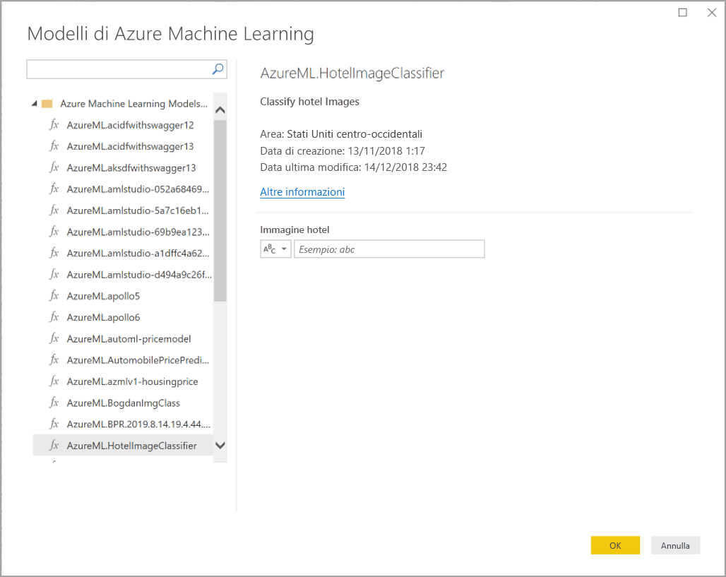 Screenshot della finestra di dialogo Modelli di Azure Machine Learning.