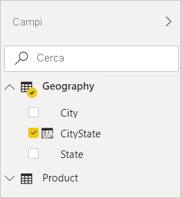 Screenshot di Power BI Desktop che mostra CityState selezionato nel filtro Geography nella visualizzazione Campi.