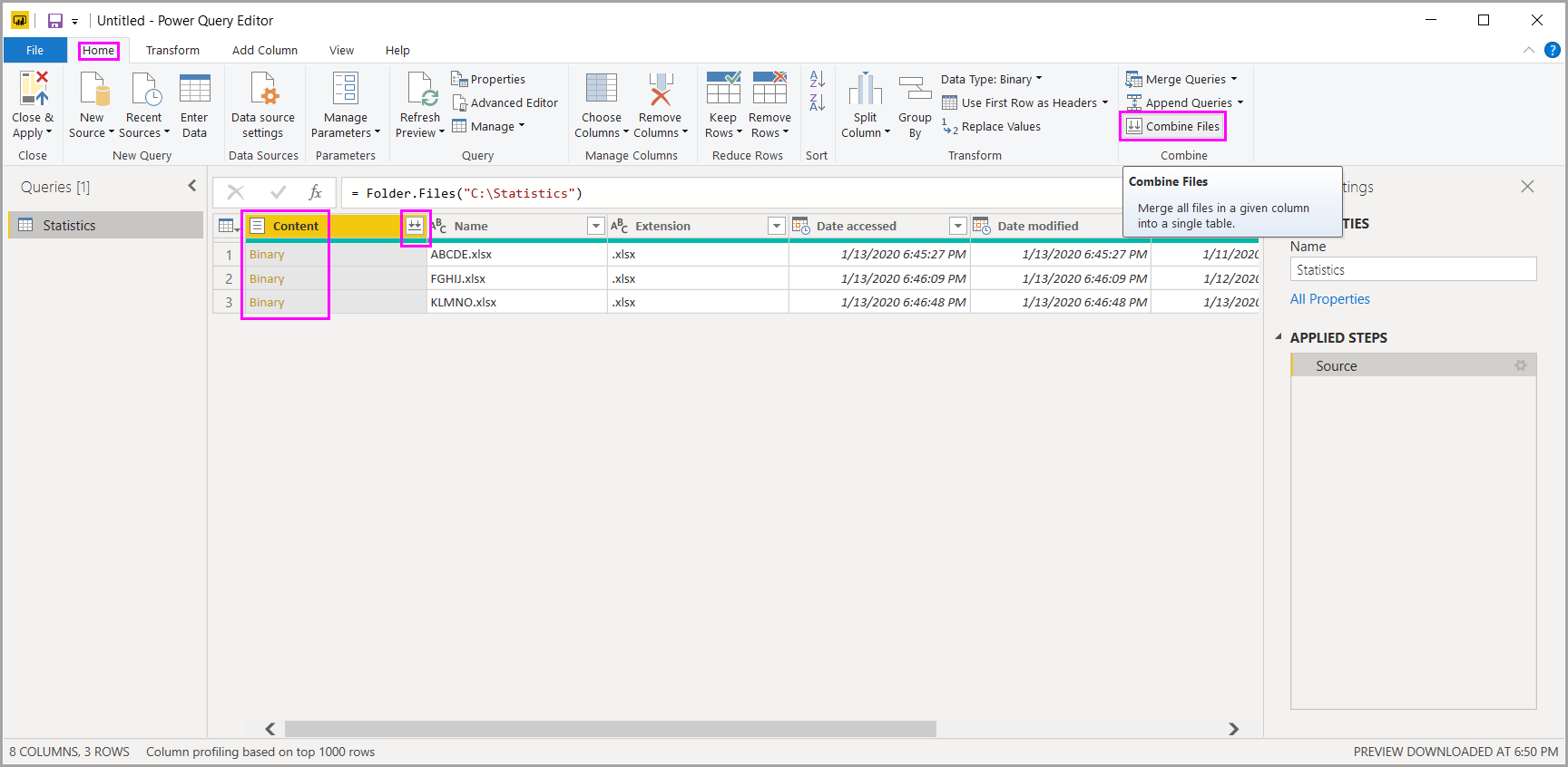 Screenshot dell'editor di query che evidenzia l'icona per combinare i file.