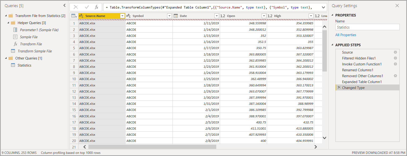 Screenshot dei risultati della trasformazione di combinazione file.