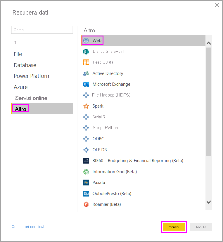 Screenshot della finestra di dialogo Recupera dati che evidenzia l'opzione per connettersi a un'origine dati Web.