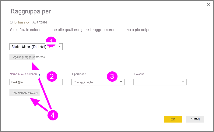 Screenshot che mostra la finestra di dialogo Raggruppa per con le opzioni Basic e Avanzate evidenziate.