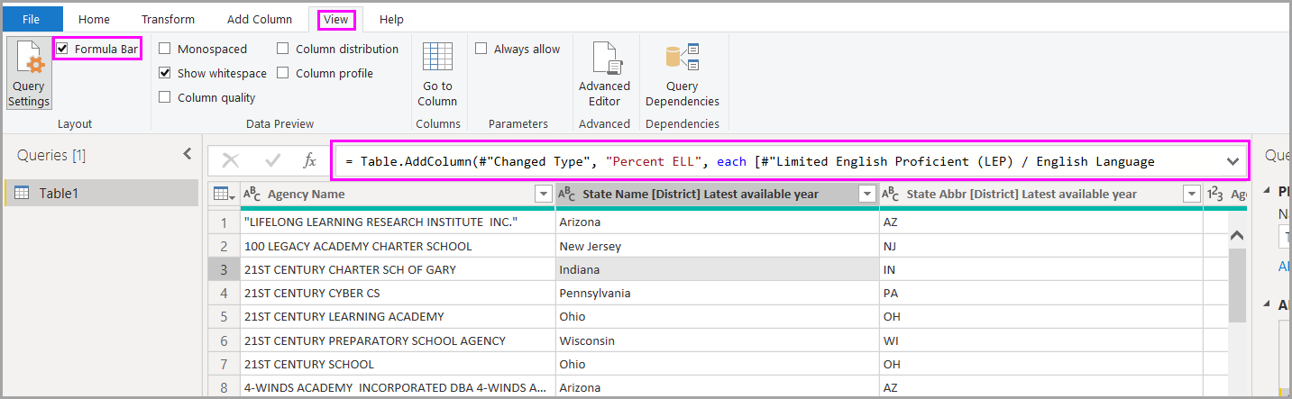 Screenshot dell'editor di Power Query che evidenzia la casella di controllo Barra della formula nella scheda Visualizza.