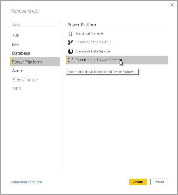 Screenshot dei flussi di dati selezionati nella scheda Power Platform della schermata Recupera dati.