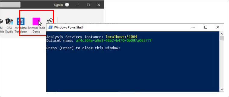 Screenshot dell'output della console di PowerShell creato dallo strumento esterno di esempio.