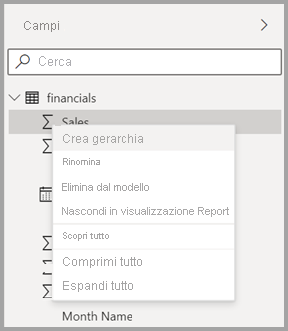 Screenshot del nuovo menu di scelta rapida per un campo in Power BI Desktop.