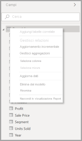 Screenshot del menu di scelta rapida originale per una tabella in Power BI Desktop.