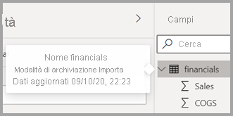 Screenshot della nuova descrizione comando per una tabella in Power BI Desktop.