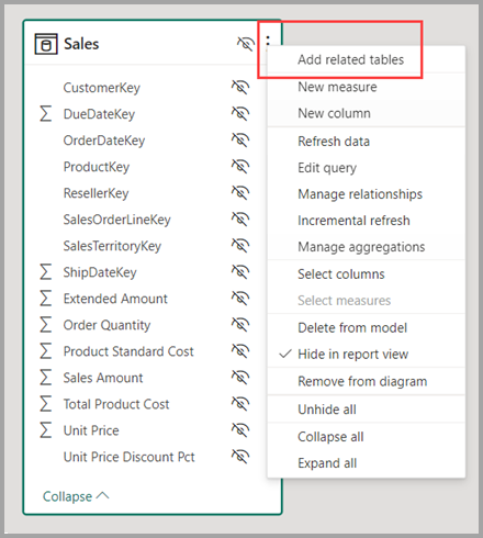 Screenshot delle opzioni Aggiungi tabelle correlate dopo aver fatto clic con il pulsante destro del mouse su una tabella.