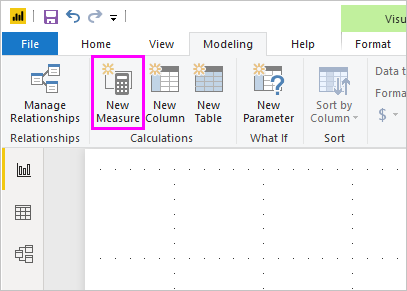 Screenshot del pulsante Nuova misura evidenziato in Power BI Desktop.