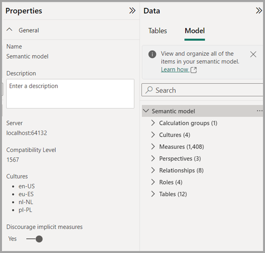 Screenshot delle informazioni sul modello semantico in Esplora modelli.