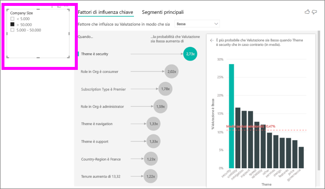 Screenshot dell'oggetto visivo da selezionare in base alle dimensioni dell'azienda.