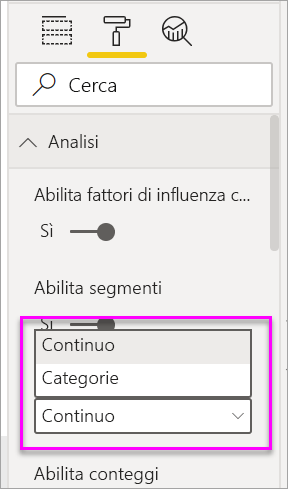 Screenshot del menu a discesa per passare da categorico a continuo.