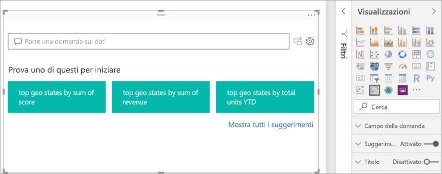 Screenshot dell'oggetto visivo Q&A ridimensionato nell'area di lavoro del report in Power BI.