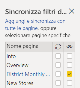 Screenshot del filtro dei dati Sincronizza District Monthly Sales