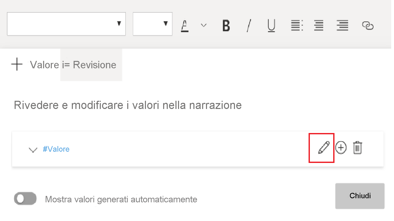 Screenshot che illustra la casella di testo con la scheda Valore selezionata. Accanto al nome del valore viene visualizzato il pulsante di modifica evidenziato.