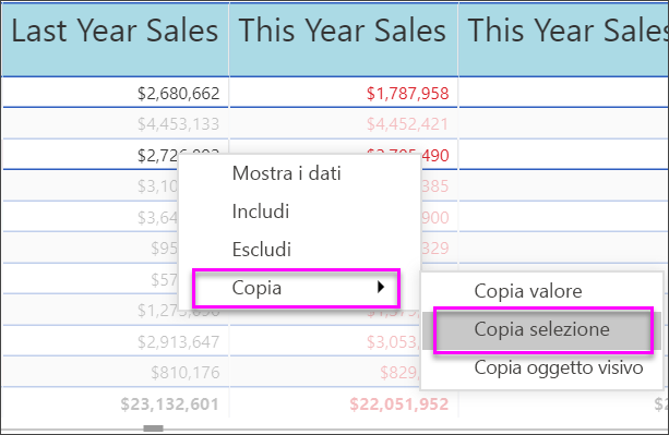 Screenshot che mostra come copiare più valori di cella contemporaneamente da usare in altre applicazioni.