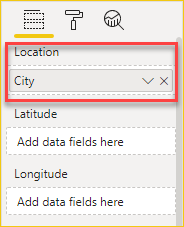 Screenshot che mostra il riquadro Visualizations con i dati della città nell'area del campo Locations.