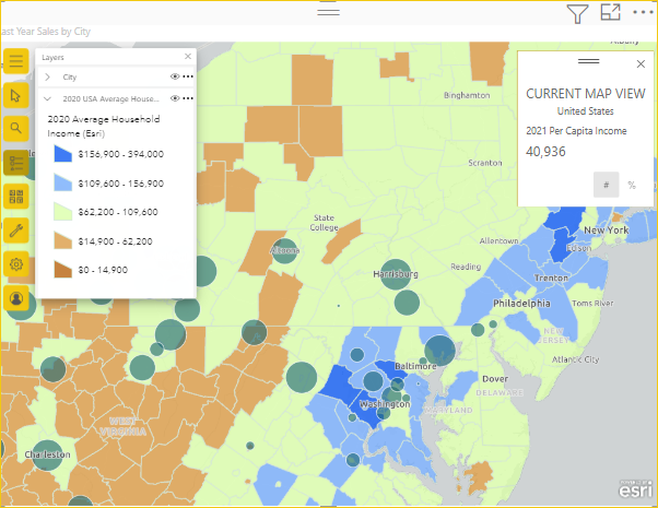 Screenshot che mostra le vendite locali in base alle dimensioni rispetto ai dati del censimento degli Stati Uniti.