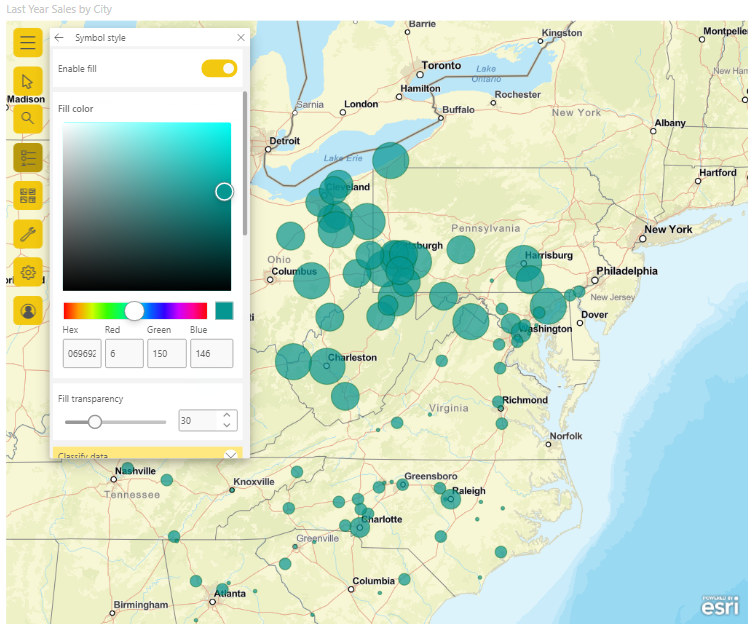 Screenshot che mostra la mappa con le impostazioni aggiornate relative a colore, stile e trasparenza dei simboli.