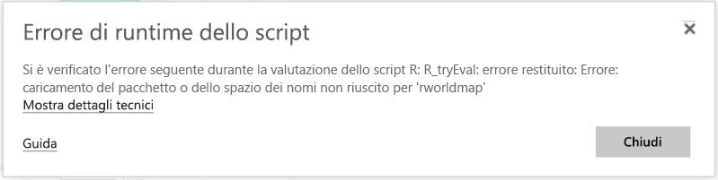 Screenshot che mostra un errore di runtime.