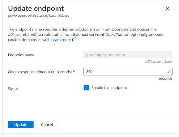 Impostare il tempo di risposta di origine dell'endpoint su 240 secondi.