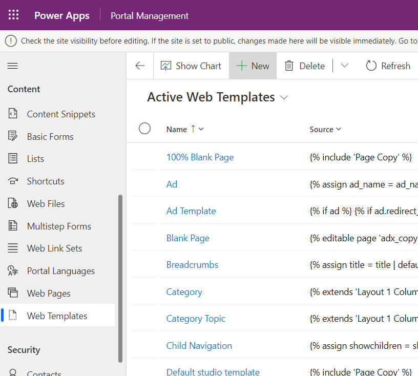 L'opzione di menu + Nuovo dalla pagina Modelli Web attivi nell'app Gestione del portale.