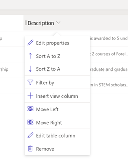 Menu di intestazione di colonna che mostra i comandi disponibili.