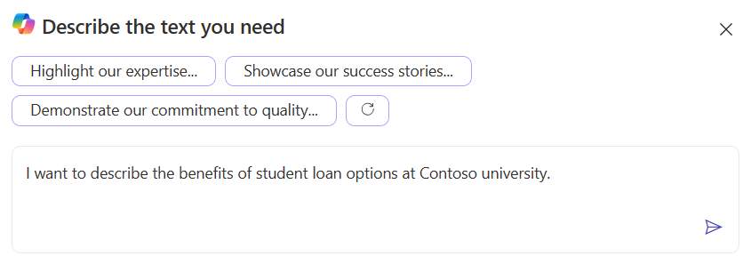 Screenshot della casella di generazione di testo con una descrizione immessa.
