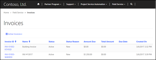 Visualizzazione di fatture Field Service in un sito partner.