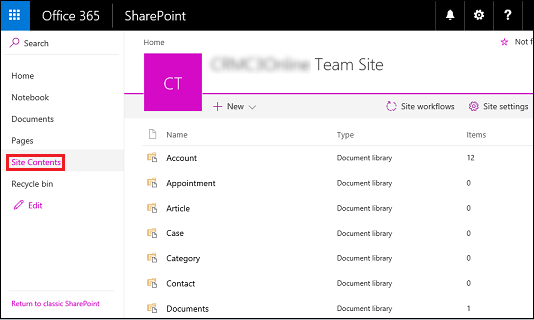 Tutte le raccolte del sito di Microsoft 365 Teams.