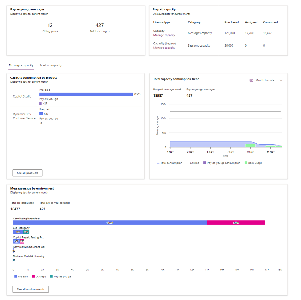 Le seguenti schede vengono visualizzate nella sezione **Riepilogo della capacità** della pagina e forniscono informazioni.