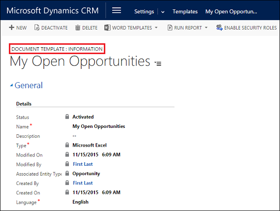 Modello di Excel caricato dalla pagina Impostazioni.