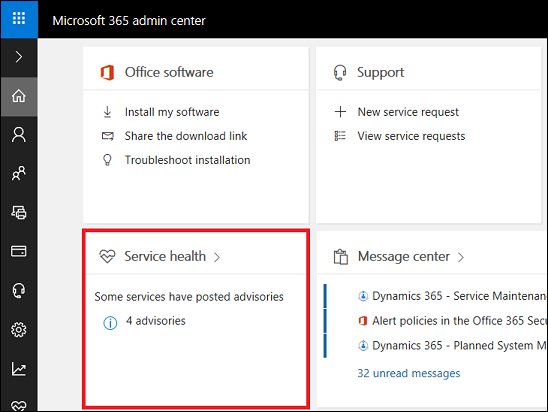 Dashboard Integrità del servizio dell'interfaccia di amministrazione di Microsoft 365.