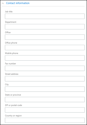 Posizione, Reparto, Ufficio, Telefono ufficio, Telefono cellulare, Numero fax, Indirizzo, Città, Stato o provincia, CAP o codice postale, Paese o regione.