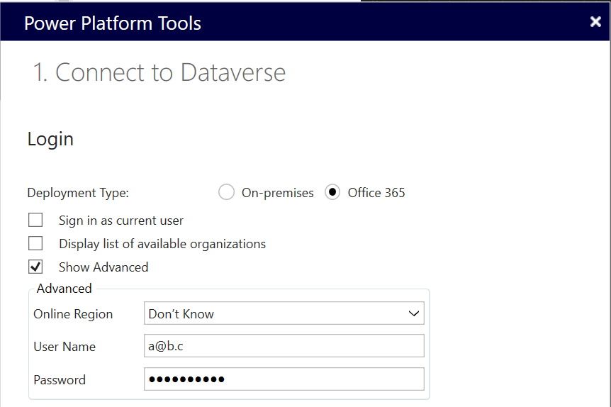 Login dialog when connecting to unified environment from Visual Studio with Show Advanced selected.