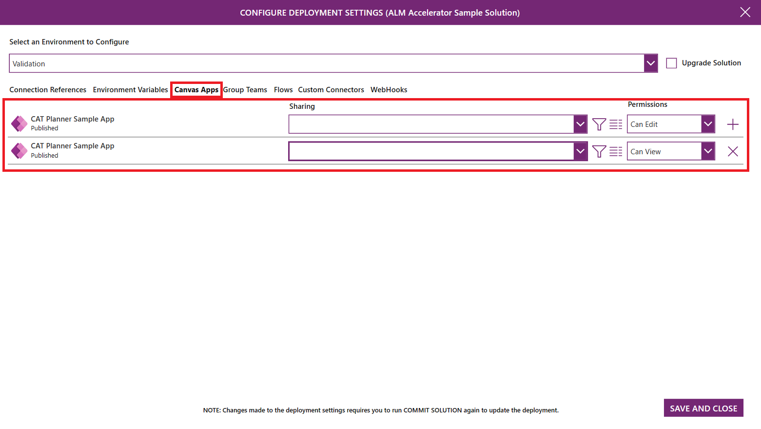 Screenshot della pagina Configurazione condivisione app in ALM Accelerator.