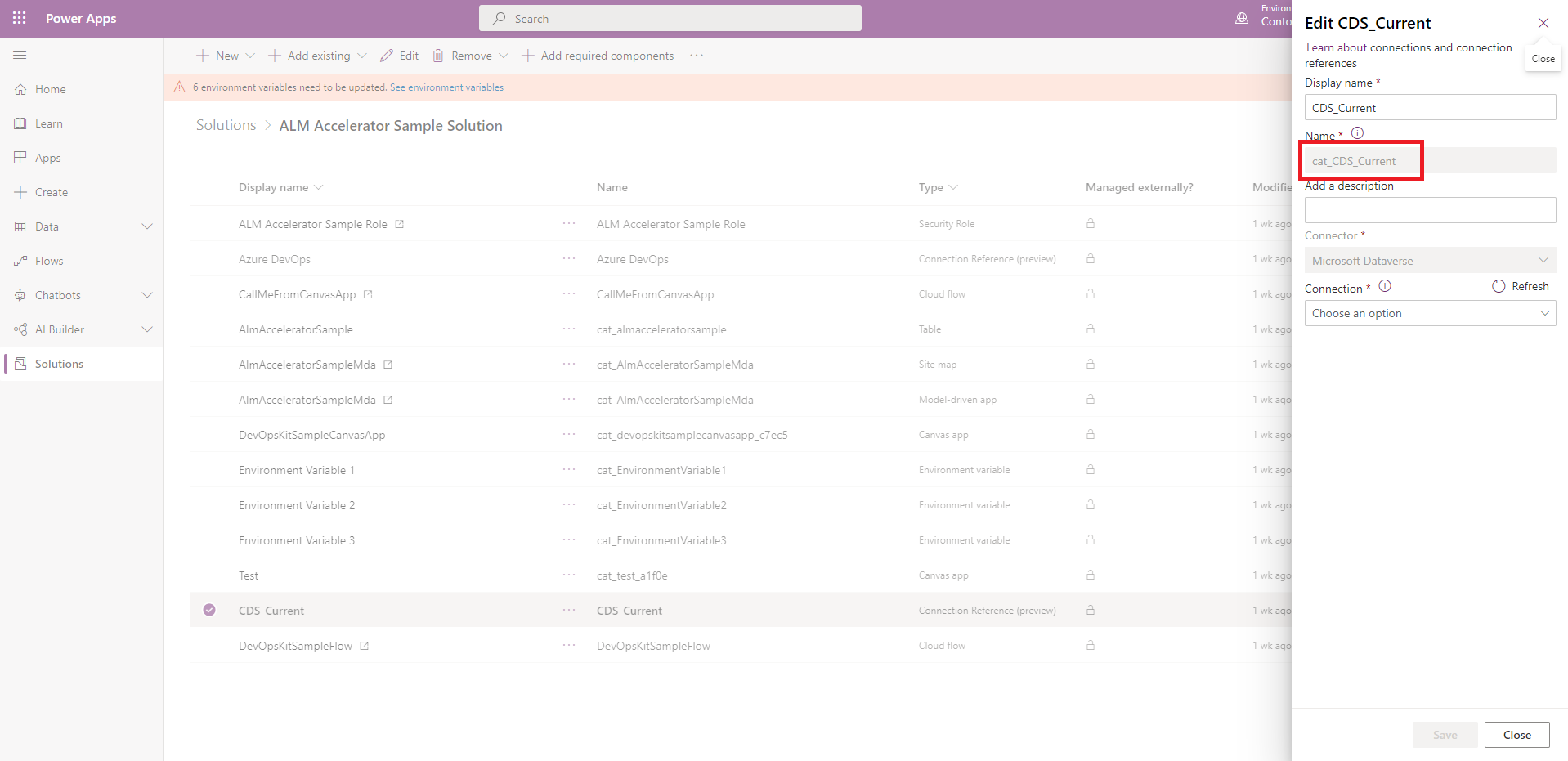 Screenshot del nome di uno schema di riferimento della connessione in una soluzione, evidenziato in un campo di testo disabilitato sotto l'etichetta Nome.