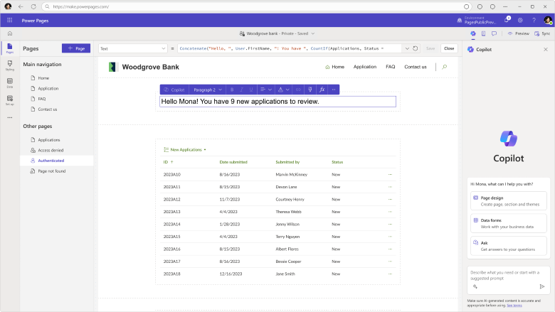 Screenshot dello studio di progettazione di Power Pages con la nuova barra delle formule Power Fx mostrata per un componente di testo