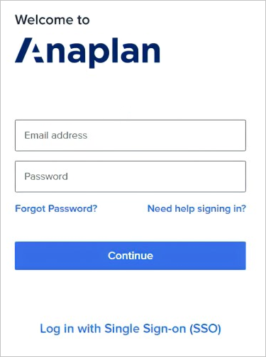 Finestra di dialogo Anaplan, con nome utente e password, insieme all'accesso SSO nella parte inferiore.