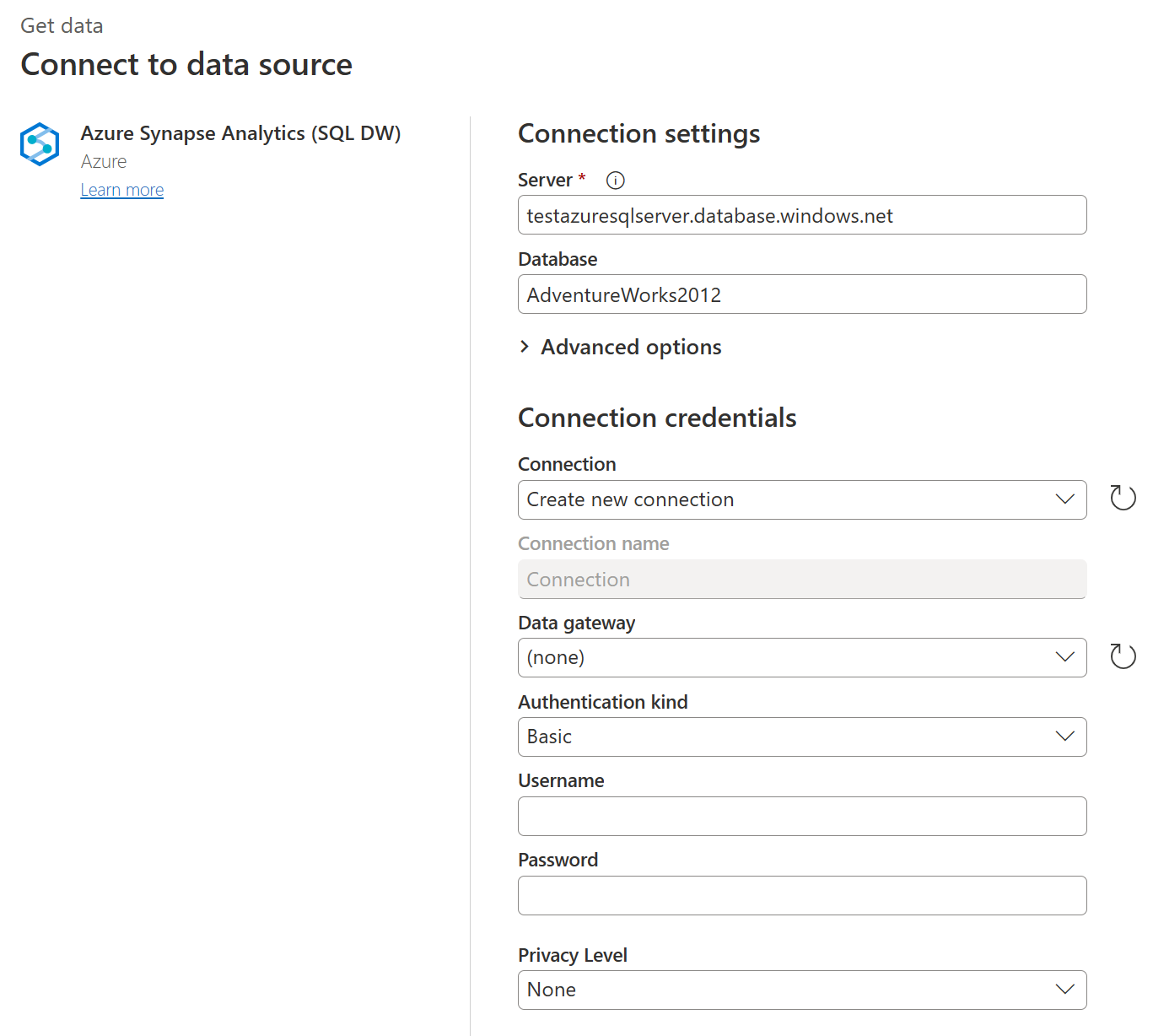 Immettere connessione online al data warehouse.