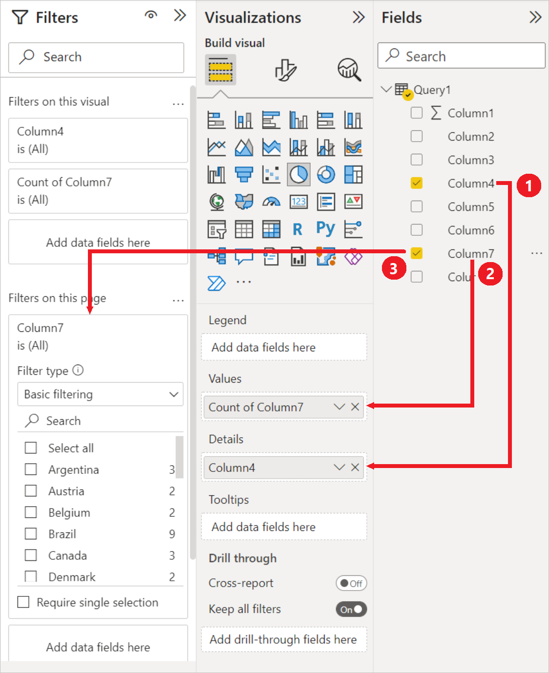 Screenshot con Column4 trascinato ed eliminato in Dettagli e Column7 trascinato ed eliminato in Valori nel riquadro Visualizzazione e Column7 trascinato ed eliminato anche in Filtri in questa pagina nel riquadro Filtri.