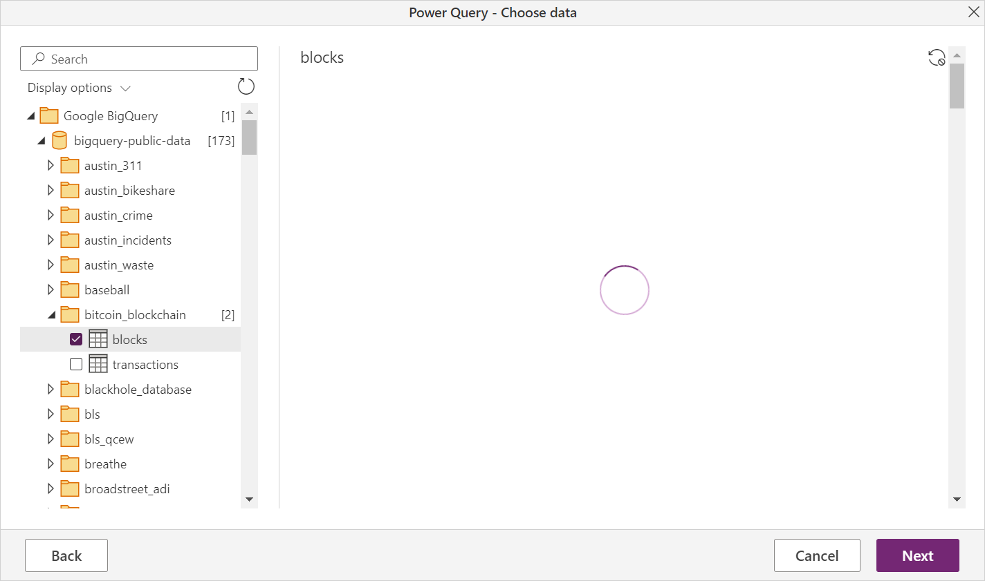 Immagine dello strumento di navigazione di Power Query che carica i dati di Google BigQuery nell'app online.